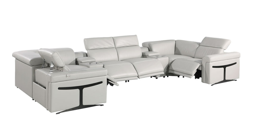 DivanItalia 1126 8-Piece U-Shaped Sectional Sofa in Top Grain Italian Leather with 4 Power Recliners & Power Headrests – with Console - Light Gray