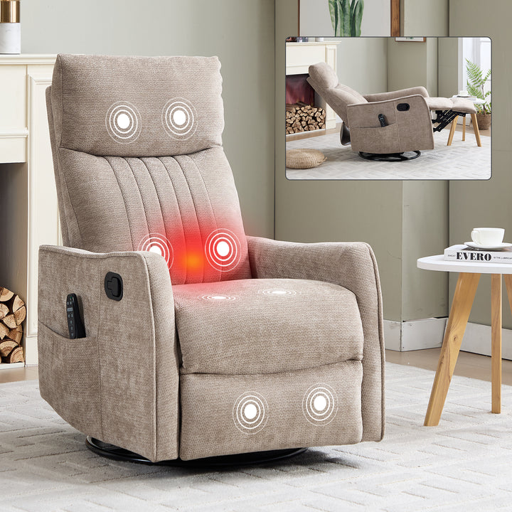Khaki Heat &amp; Massage Manual Swivel Rocker Recliner Chair in Fabric