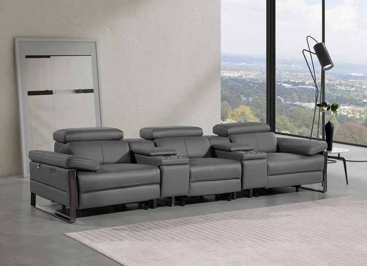 DivanItalia 1246 Modular Power Triple Reclining Dual Console Sofa with Power Reclining Headrests – Top Grain Italian Leather - Dark Gray