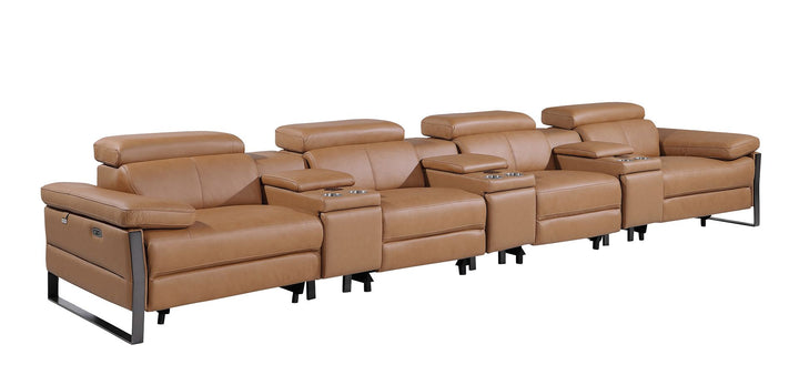 DivanItalia 1246 Modular Power Triple Reclining Triple Console Sofa with Power Reclining Headrests – Top Grain Italian Leather - Cognac