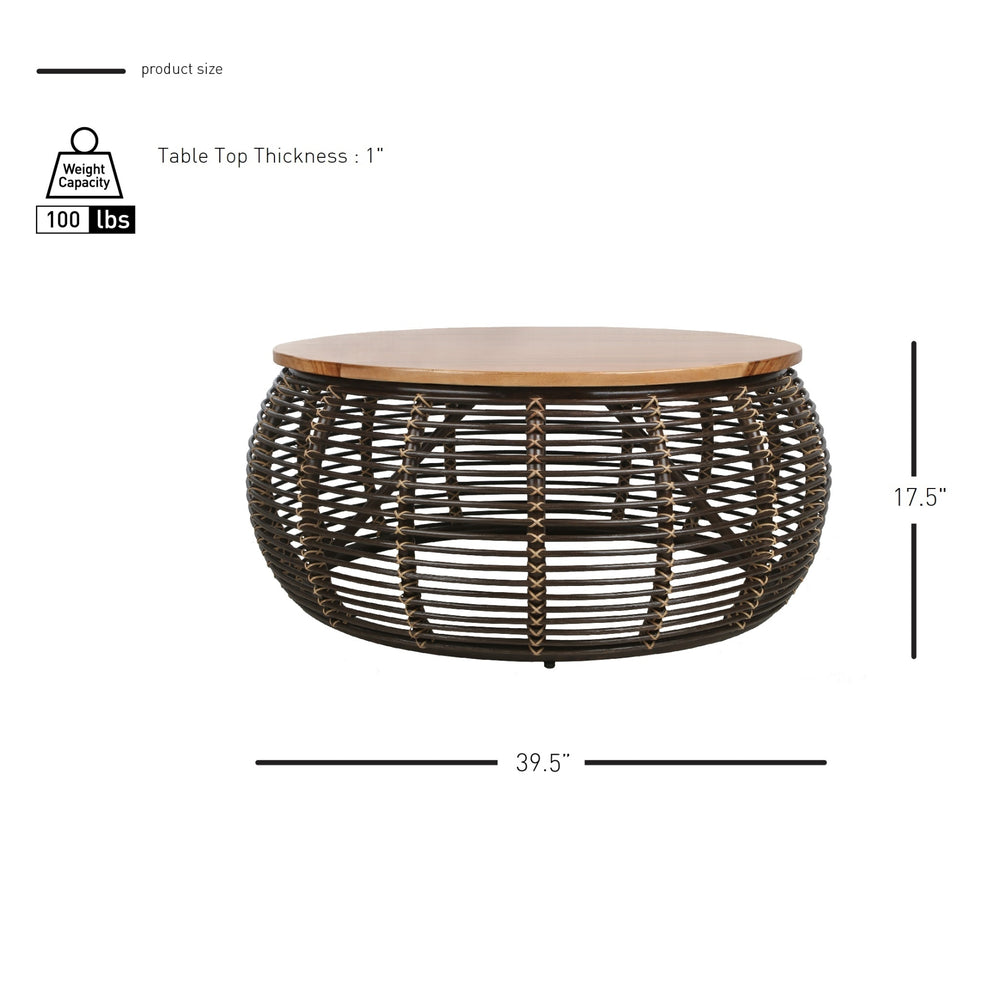 Iris Rattan Coffee Table with Wood Top - Espresso Brown - view 2