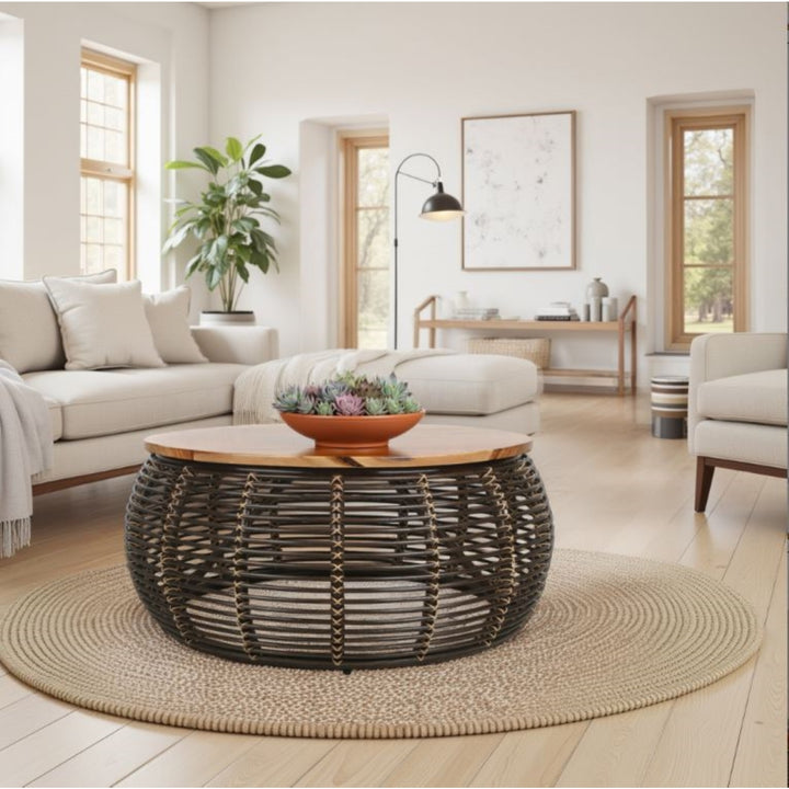 Iris Rattan Coffee Table with Wood Top - Espresso Brown - view 3