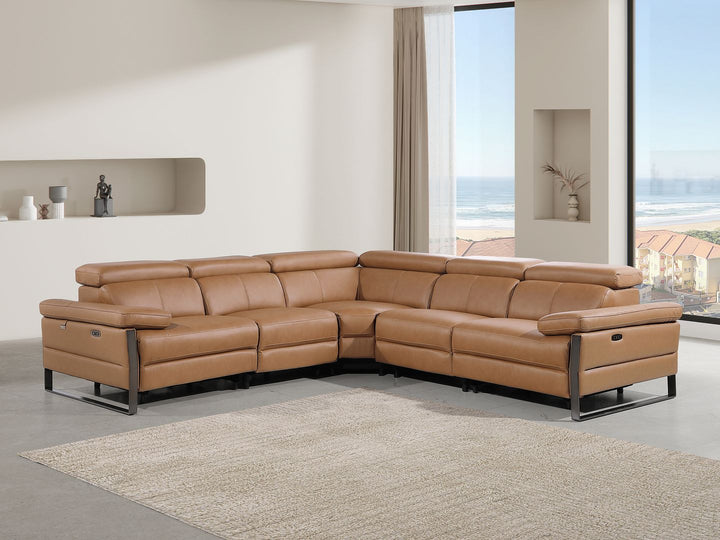 DivanItalia 1246 5-Piece L-Shaped Modular Power Reclining Sectional with Power Headrests – Top Grain Italian Leather - Cognac