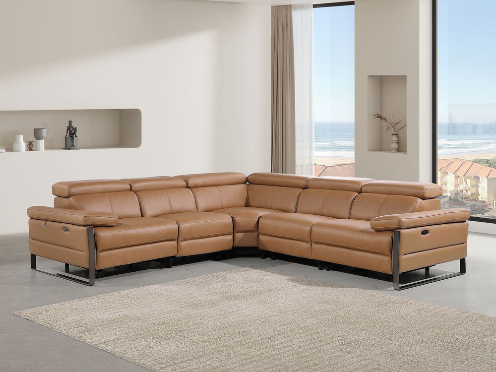 DivanItalia 1246 5-Piece L-Shaped Modular Power Reclining Sectional with Power Headrests – Top Grain Italian Leather - Cognac
