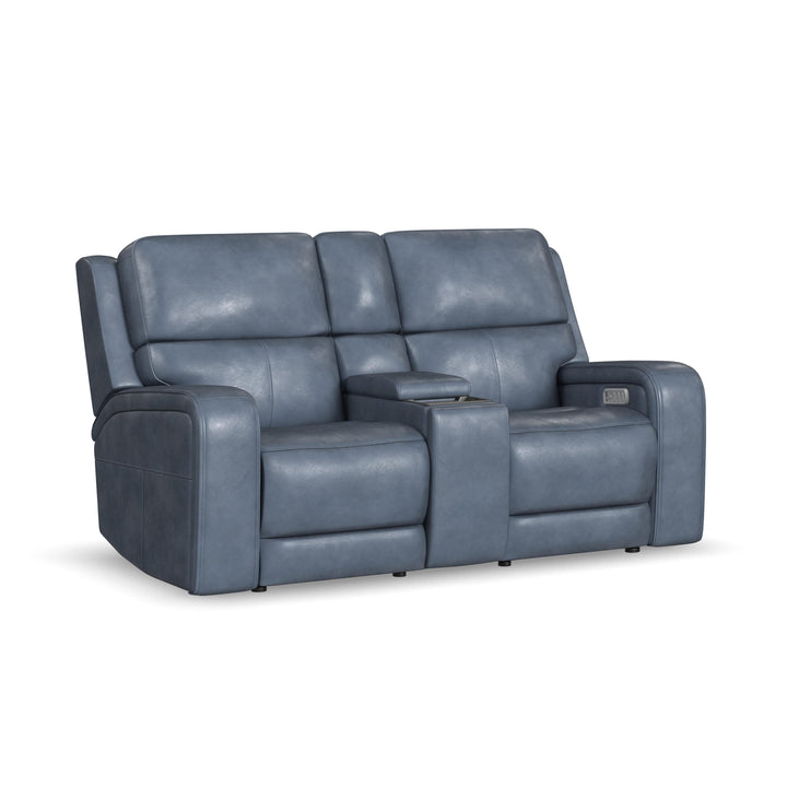 Oasis Leather Power Reclining Loveseat with Console, Power Headrests, Lumbar, Heat &amp; Massage in Storm