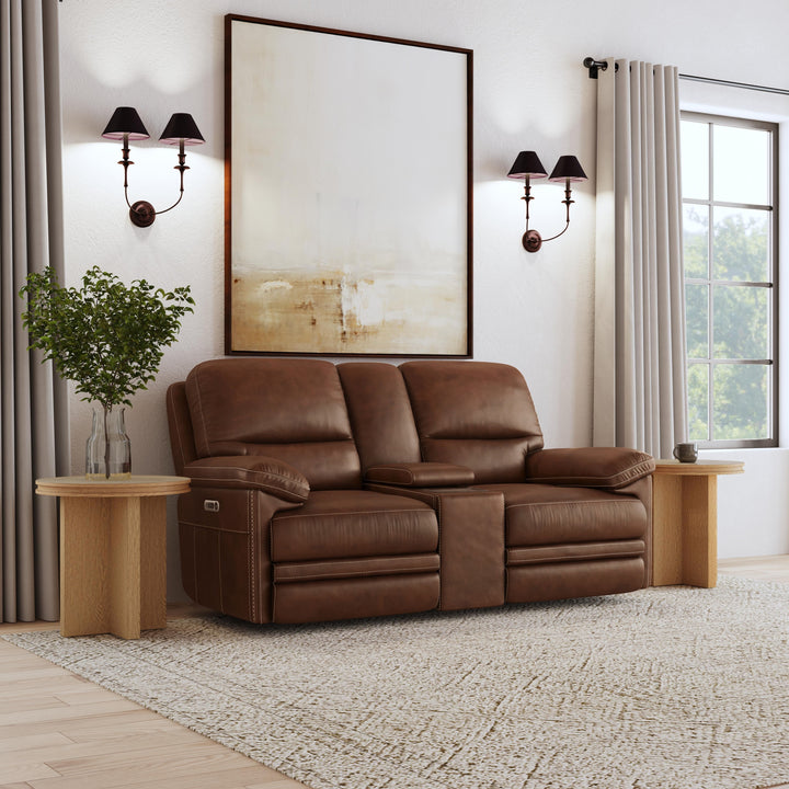 David Power Reclining Loveseat With Console, Power Headrests &amp; Lumbar Pecan