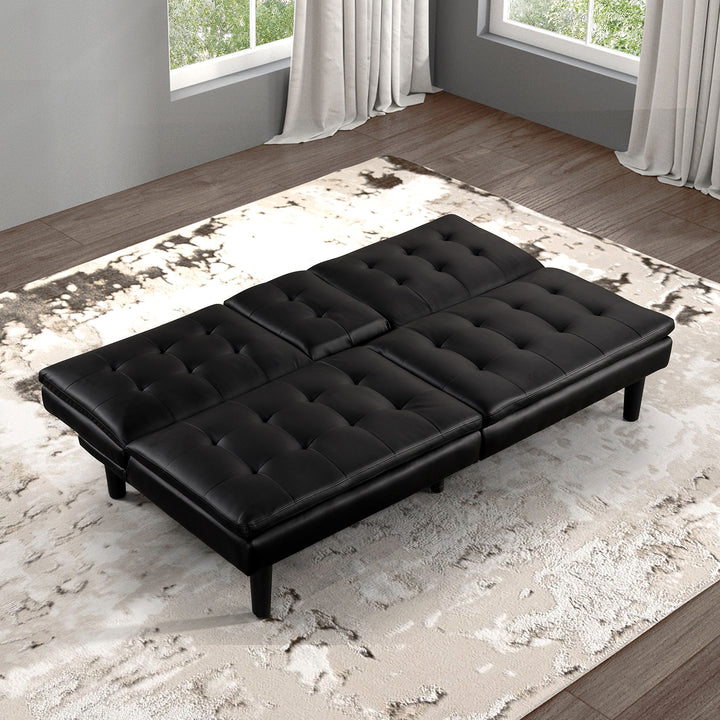 contemporary-style-futon-sofa-bed-black-finish-built-in-usb-chargers-biscuit-tufting-seat-and-back-back-seat-drop-down-table-with-cup-holder-easily-convert-to-bed