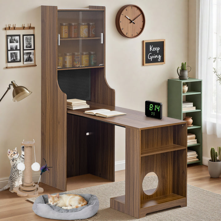 Modern Wooden Foldable Desk with Hutch &amp; Storage, Home Office Pet-friendly Gaming Desk with Shelves, Space-Saving Workstation with Free Cat Bed &amp; Scratching Post