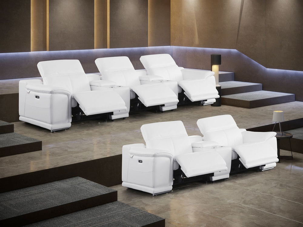 DivanItalia 9762 8-Piece Modular Power Reclining Sofa and Console Loveseat Set with Top Grain Italian Leather - White