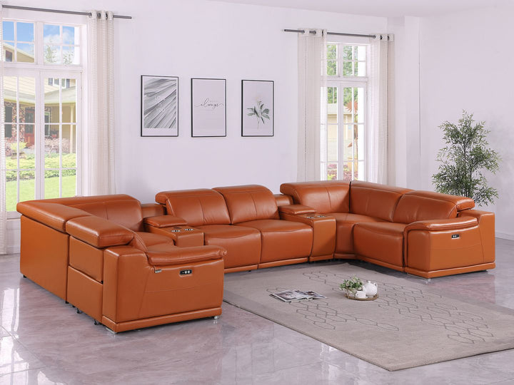 DivanItalia 9762 8-Piece U Shaped Top Grain Italian Leather Sectional Sofa with 2 Power Recliners - Camel