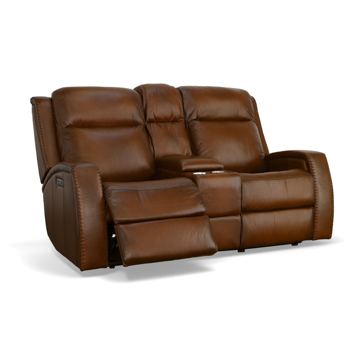 Mustang Leather Power Loveseat with Console with Power Headrest in Rust