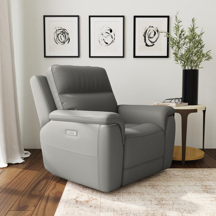 Sawyer Leather Power Recliner with Power Headrest &amp; Lumbar in Grey