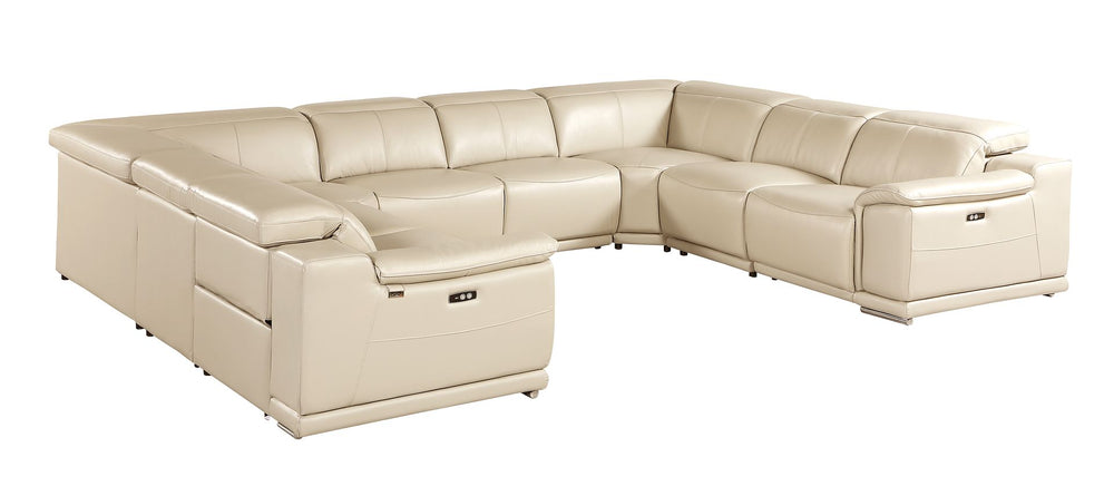 DivanItalia 9762 8-Piece U Shaped Top Grain Italian Leather Sectional Sofa with 4 Power Recliners – No Console - Beige