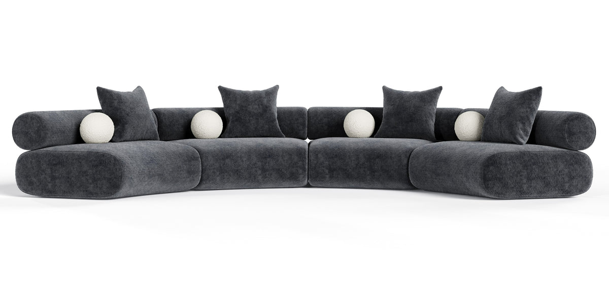 Simpson - Contemporary Dark Grey Fabric Curved Modular Sectional Sofa with Throw Pillows-4-Piece Sectional