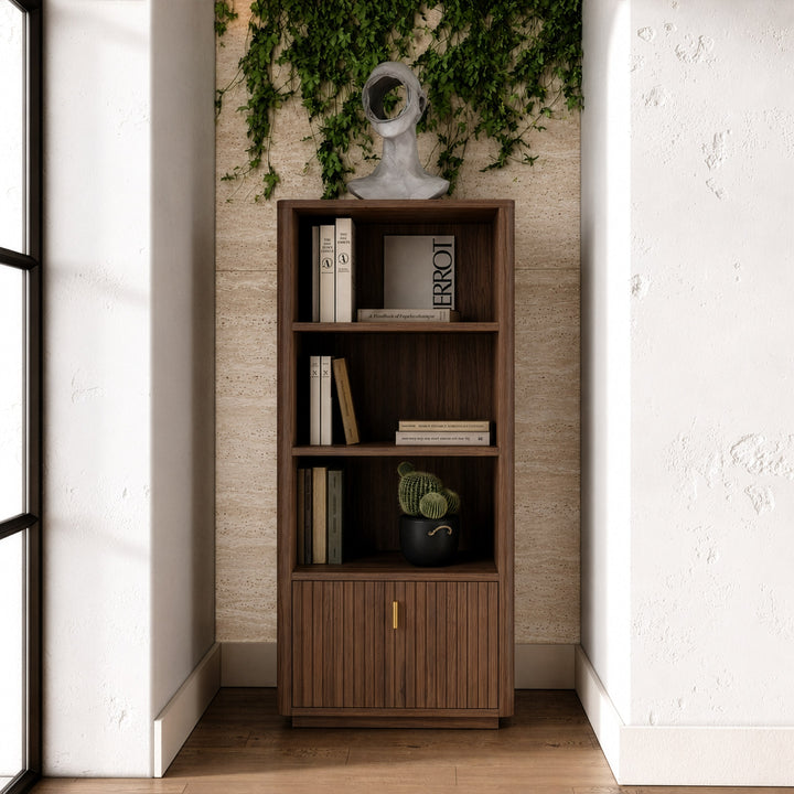 Roma - Modern Walnut + Gold Bookcase