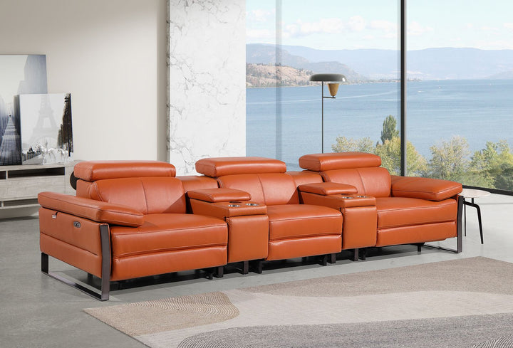 DivanItalia 1246 Modular Power Triple Reclining Dual Console Sofa with Power Reclining Headrests – Top Grain Italian Leather - Camel