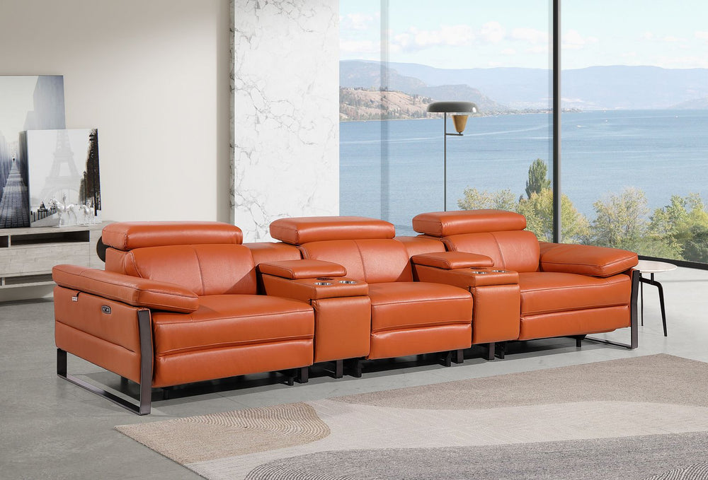 DivanItalia 1246 Modular Power Triple Reclining Dual Console Sofa with Power Reclining Headrests – Top Grain Italian Leather - Camel