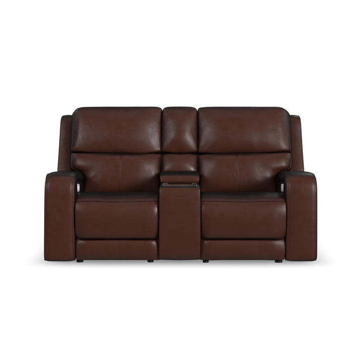Oasis Leather Power Reclining Loveseat with Console, Power Headrests, Lumbar, Heat &amp; Massage in Truffle