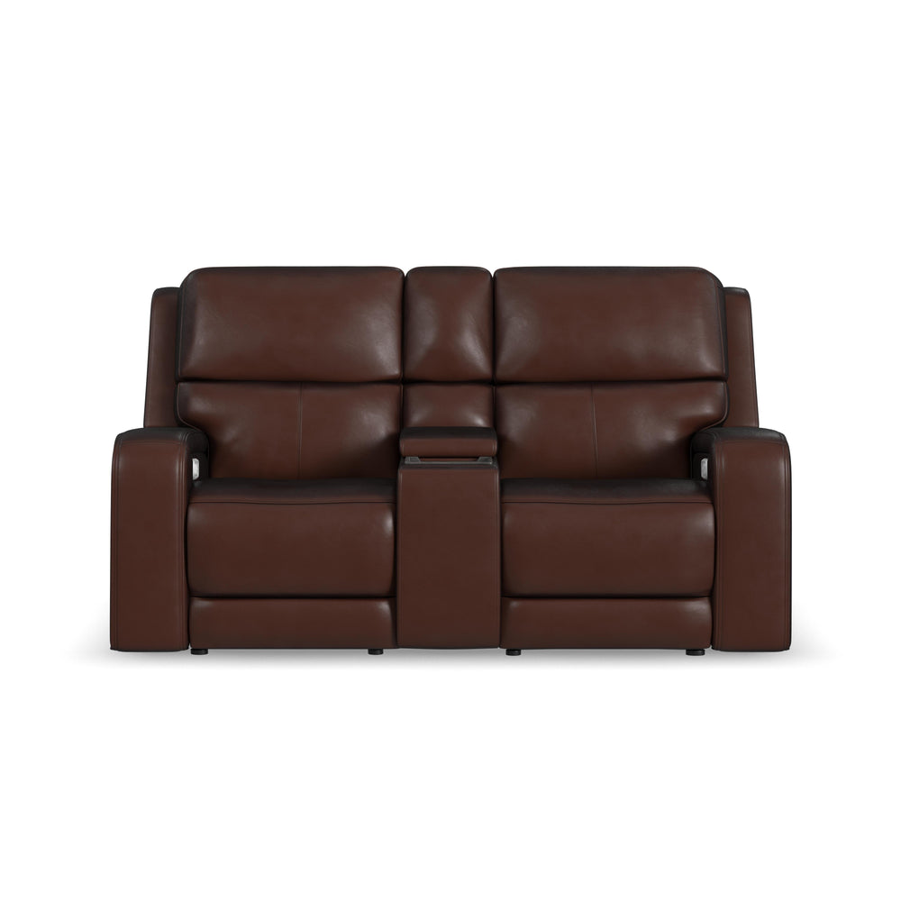 Oasis Leather Power Reclining Loveseat with Console, Power Headrests, Lumbar, Heat & Massage in Truffle