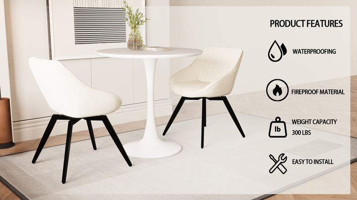 Mid-Century Modern 3-Piece Round Tulip Dining Table Set with White Table &amp; Beige Vegan Leather
