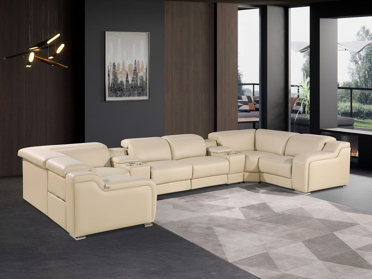 DivanItalia 1116 8-Piece U-Shaped Sectional Sofa in Top Grain Italian Leather with 4 Power Recliners & Power Headrests – with Console - Beige
