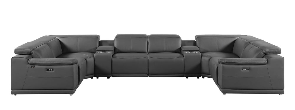 DivanItalia 9762 8-Piece U Shaped Top Grain Italian Leather Sectional Sofa with 4 Power Recliners – with Console - Dark Gray
