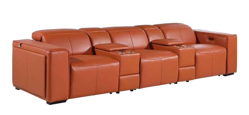 DivanItalia 1224 5-Piece Modular Power Reclining Sofa in Top Grain Italian Leather with 3 Power Recliners & Power Headrests - Camel