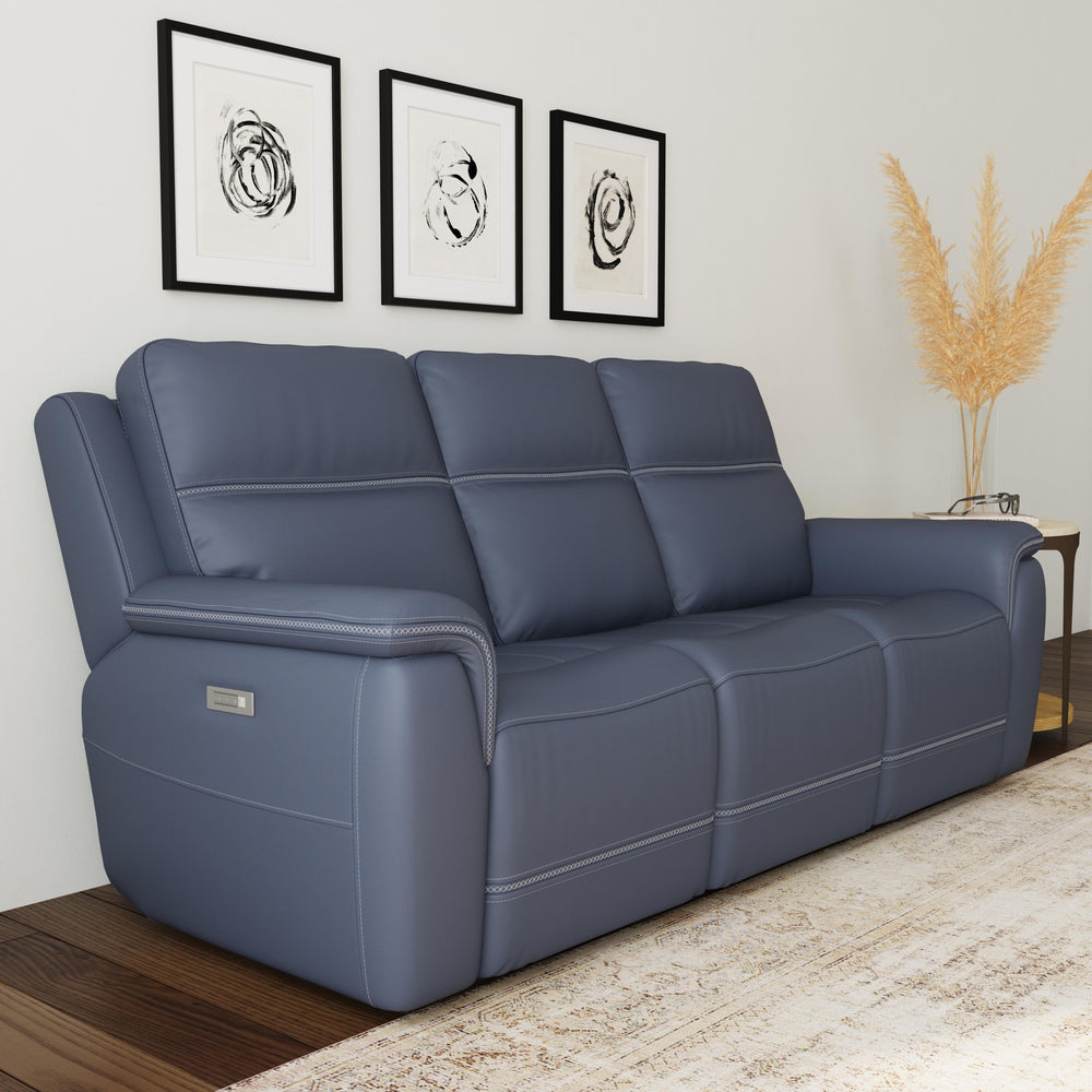 Sawyer Leather Power Reclining Sofa with Power Headrests & Lumbar in Marine