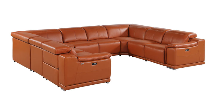 DivanItalia 9762 8-Piece U Shaped Top Grain Italian Leather Sectional Sofa with 4 Power Recliners – No Console - Camel