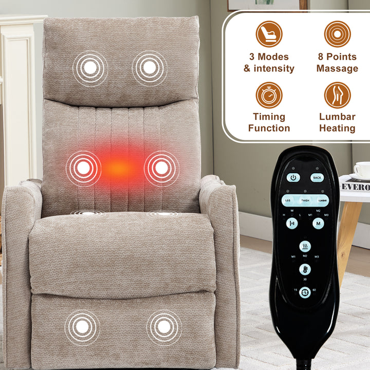Khaki Heat &amp; Massage Manual Swivel Rocker Recliner Chair in Fabric