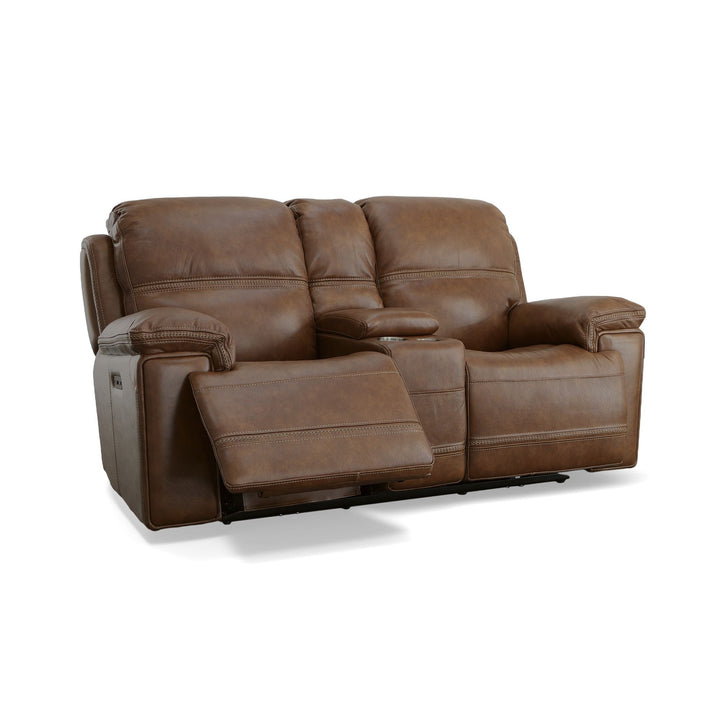 Fenwick Leather Power Reclining Loveseat with Console &amp; Power Headrests in Cognac