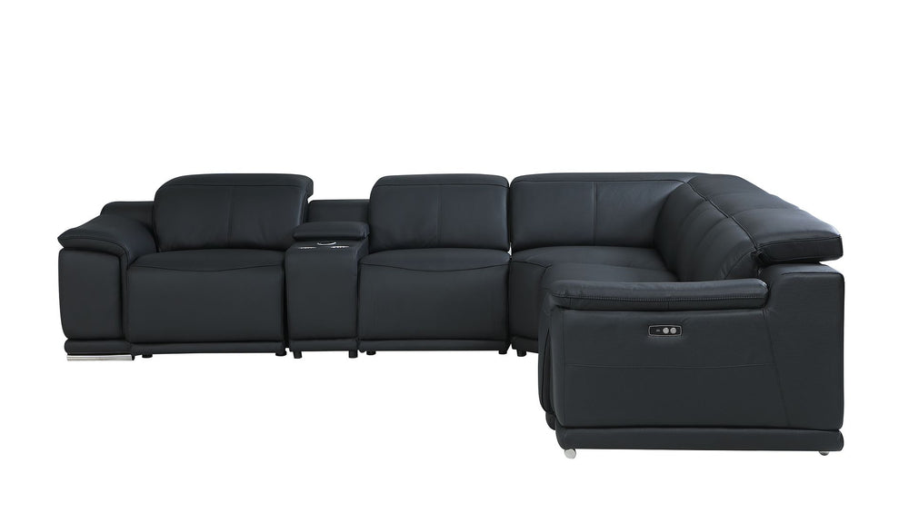 DivanItalia 9762 6-Piece L Shaped Top Grain Italian Leather Sectional Sofa with 3 Power Recliners - Black