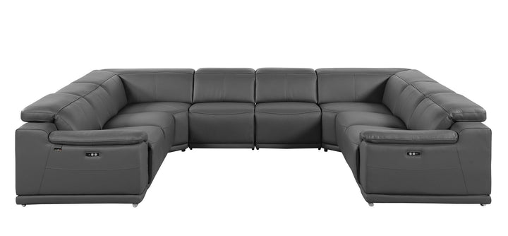 DivanItalia 9762 8-Piece U Shaped Top Grain Italian Leather Sectional Sofa with 4 Power Recliners – No Console - Dark Gray