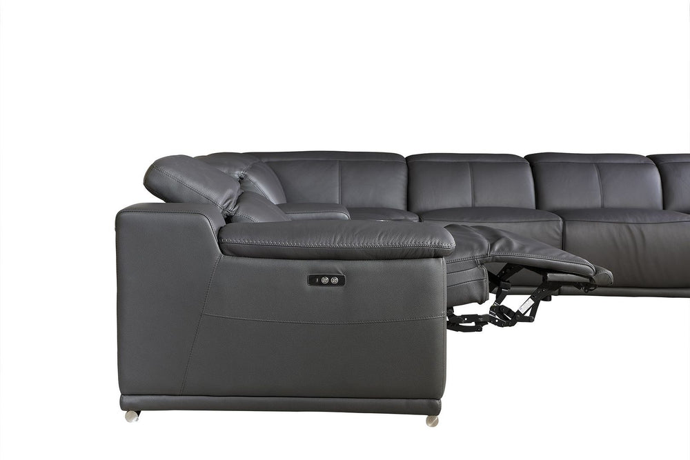 DivanItalia 9762 7-Piece L Shaped Top Grain Italian Leather Sectional Sofa with 4 Power Recliners - Dark Gray
