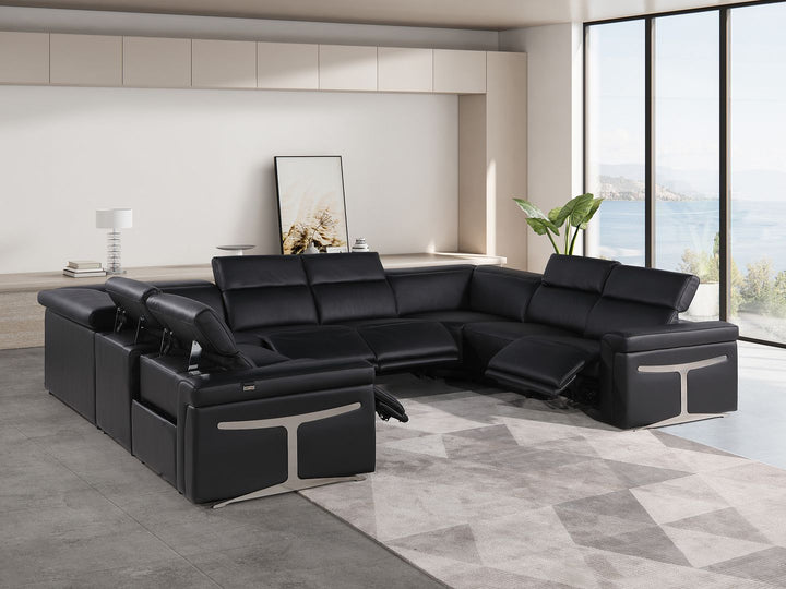 DivanItalia 1126 8-Piece U-Shaped Sectional Sofa in Top Grain Italian Leather with 4 Power Recliners &amp; Power Headrests – No Console - Black