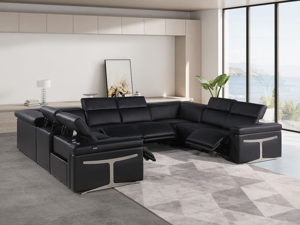DivanItalia 1126 8-Piece U-Shaped Sectional Sofa in Top Grain Italian Leather with 4 Power Recliners & Power Headrests – No Console - Black