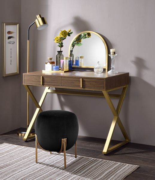 Coleen - Vanity Desk With Mirror & Jewelry Tray - Walnut & Gold