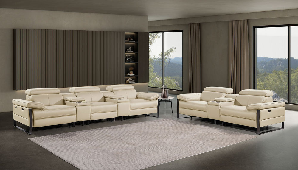 DivanItalia 1246 Modular Power Reclining Dual Console Sofa and Console Loveseat Set with Power Headrests – Top Grain Italian Leather - Beige