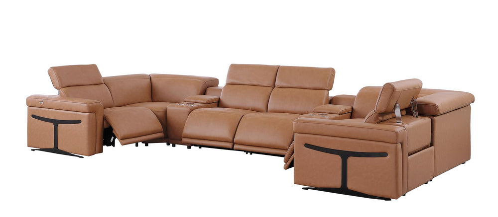 DivanItalia 1126 8-Piece U-Shaped Sectional Sofa in Top Grain Italian Leather with 4 Power Recliners & Power Headrests – with Console - Cognac