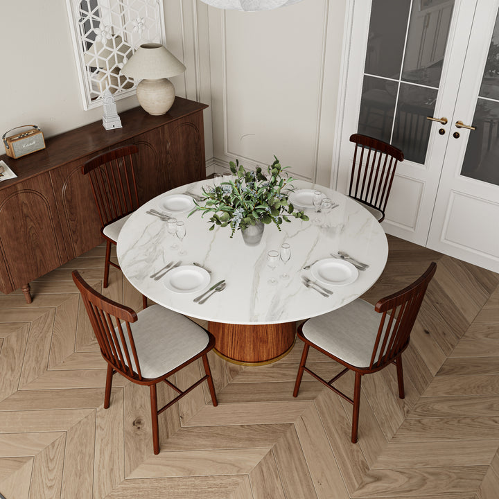 47-Inch Round Dining Table with Stone Top &amp; Walnut-Finish Solid Wood Base