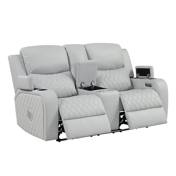 Elonzo - Power Motion Loveseat With Console, LED, Power Headrest & Speaker - Light Gray