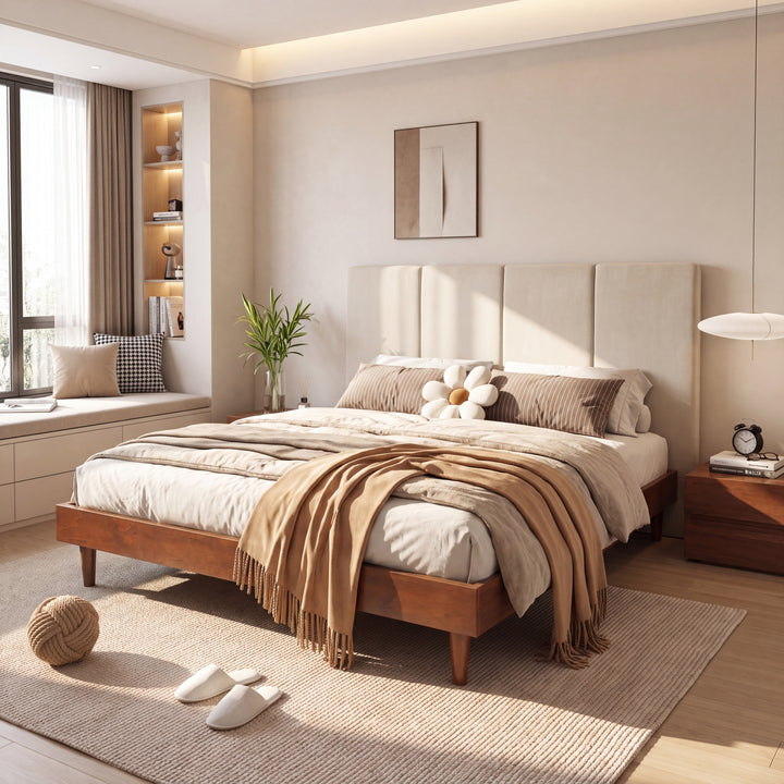 Channel Tufted Chenille Queen Bed – Beige &amp; Walnut