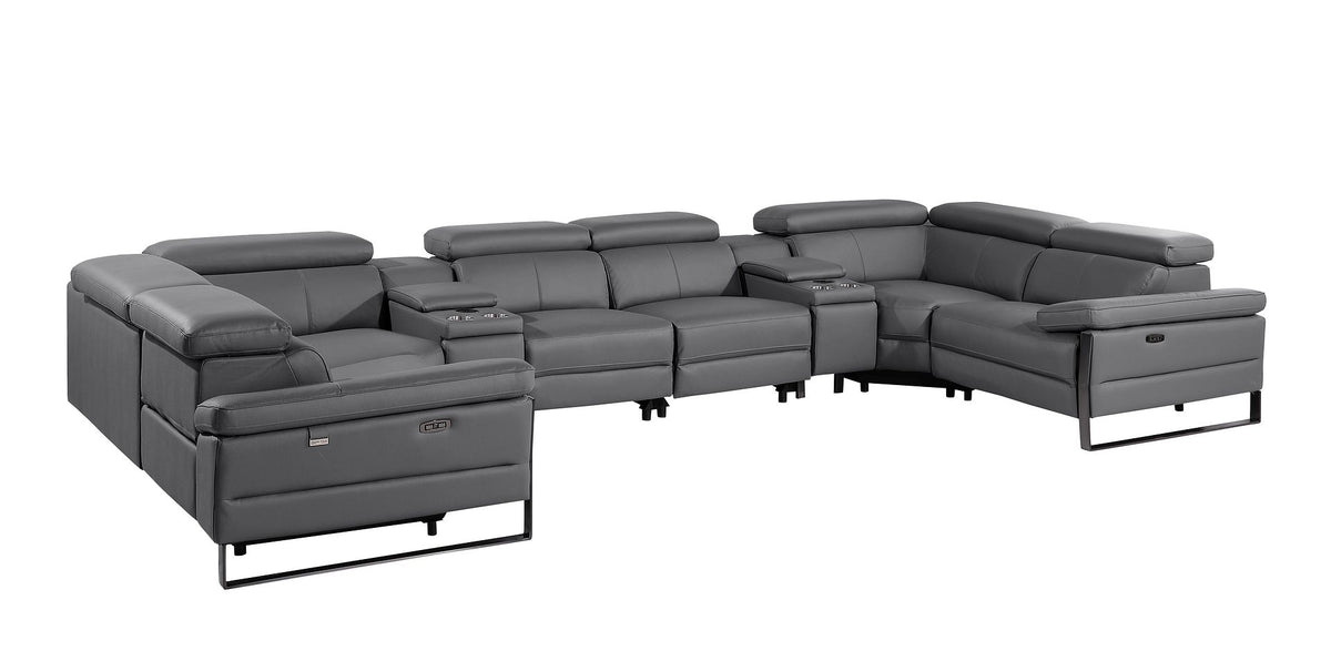 DivanItalia 1246 8-Piece U-Shaped Modular Power Reclining Sectional with 2 Power Recliners and Power Headrests – Top Grain Italian Leather - Dark Gray