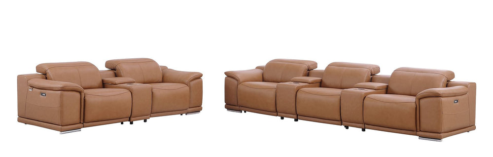 DivanItalia 9762 8-Piece Modular Power Reclining Sofa and Console Loveseat Set with Top Grain Italian Leather - Cognac