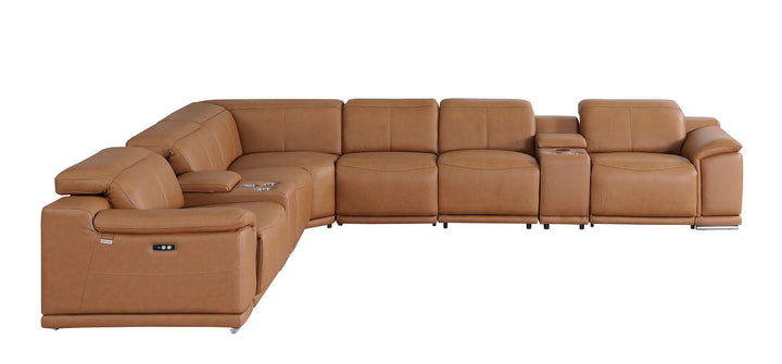 DivanItalia 9762 8-Piece L Shaped Top Grain Italian Leather Sectional Sofa with 4 Power Recliners - Cognac