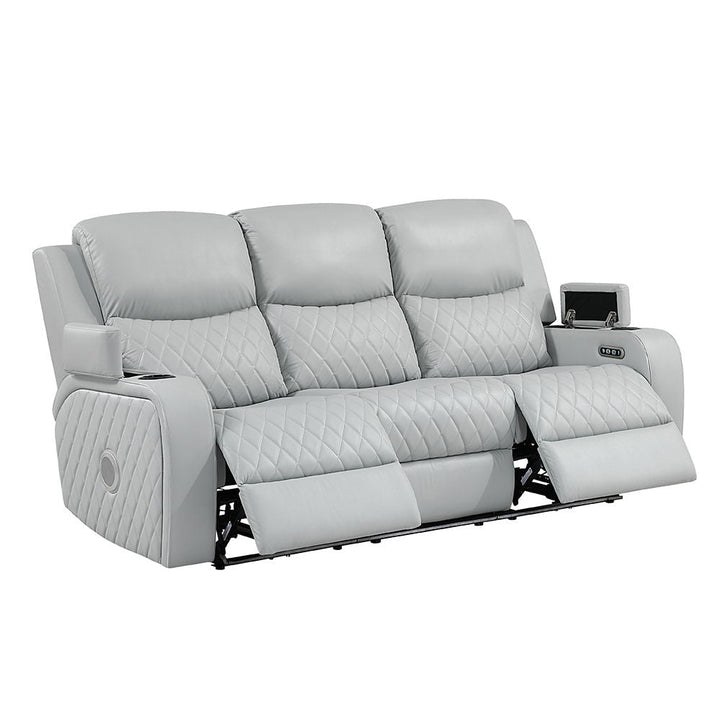 Elonzo - Power Motion Sofa With LED, Power Headrest & Speaker - Light Gray