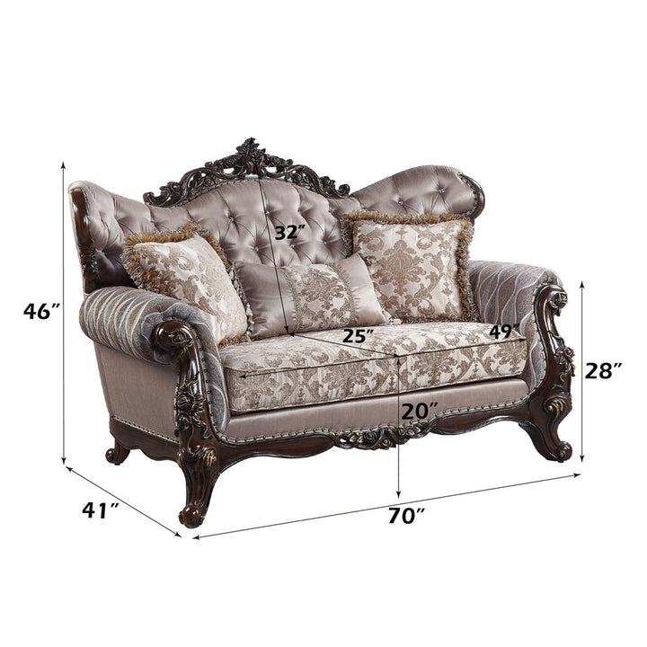 Benbek - Loveseat With 3 Pillows - Fabric & Antique Oak