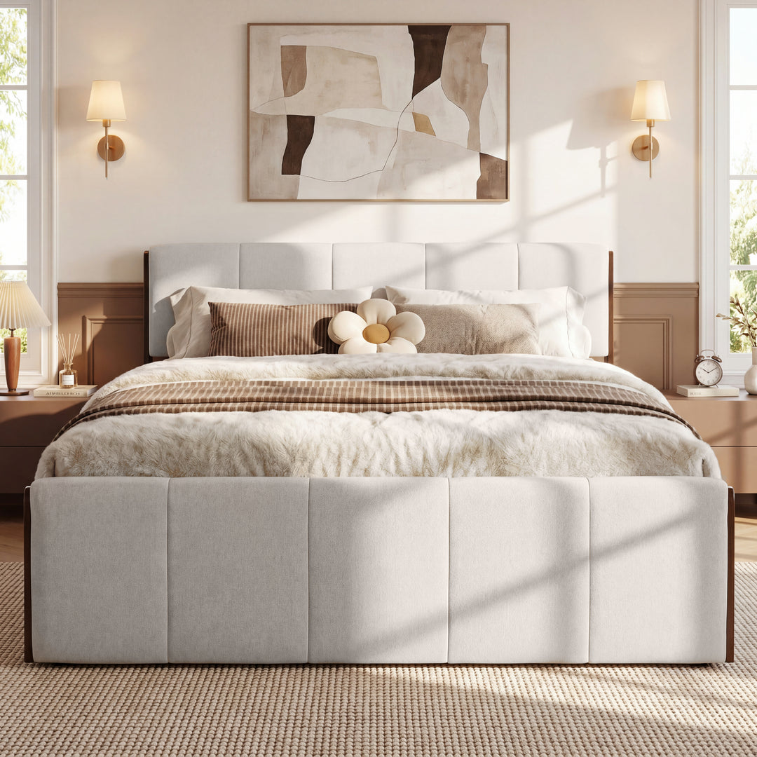 Paneled Upholstered King Bed – Walnut &amp; Grey