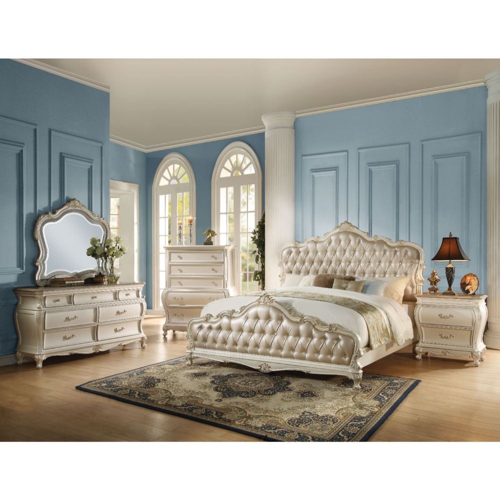 Chantelle - California King Bed - Rose Gold Synthetic Leather & Pearl White