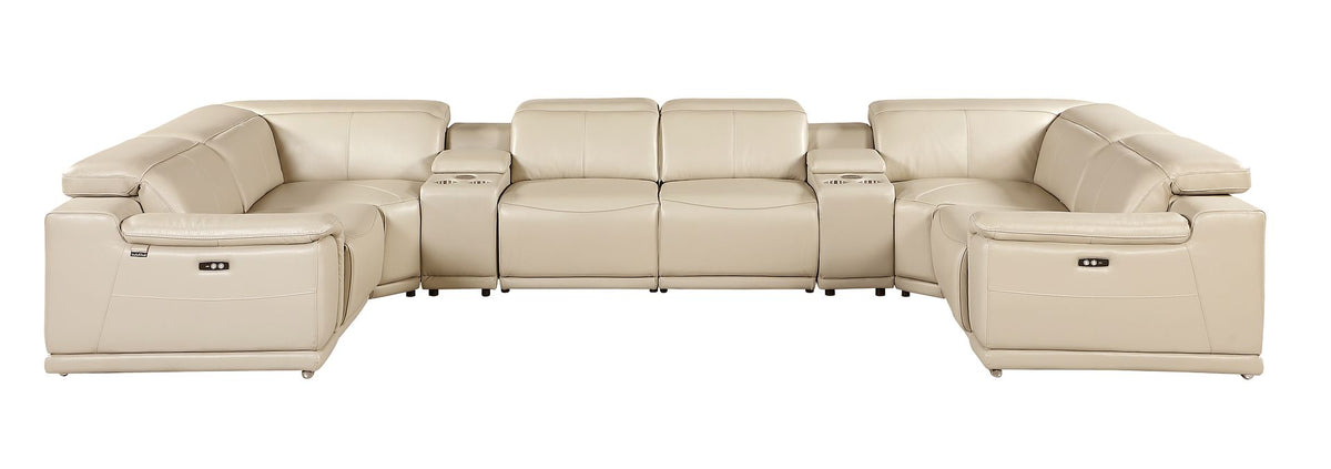 DivanItalia 9762 8-Piece U Shaped Top Grain Italian Leather Sectional Sofa with 4 Power Recliners – with Console - Beige